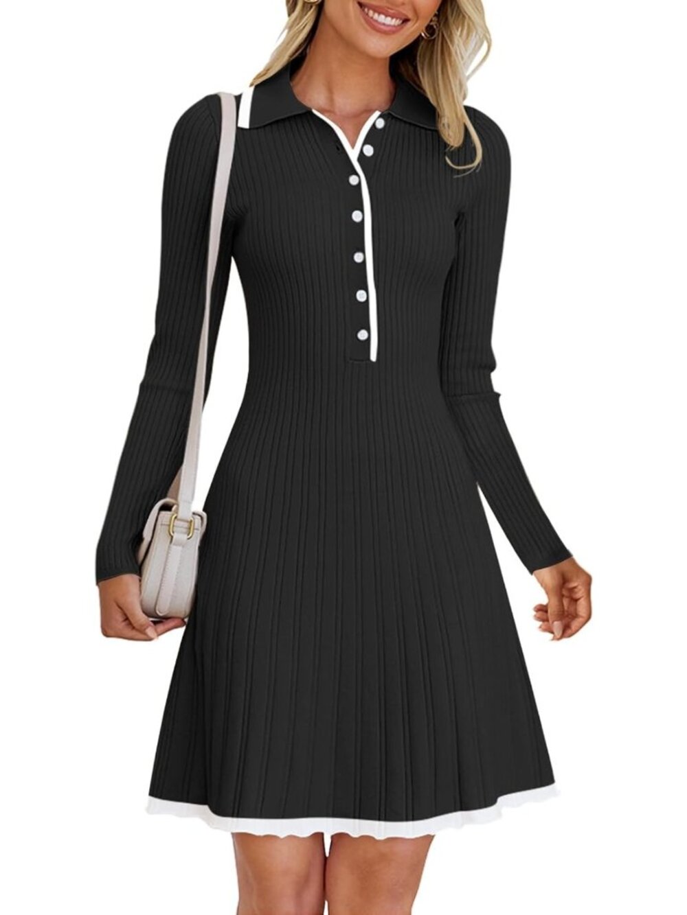 Chic Women's Fall Long Sleeve Pleated Knit Sweater Dress - Perfect for Work